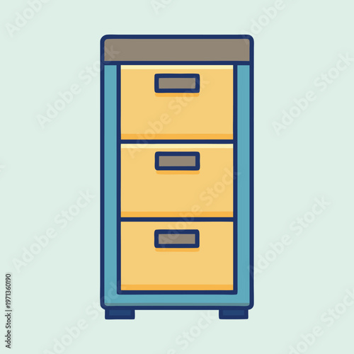Illustration of a charming three drawer filing cabinet with light blue accents