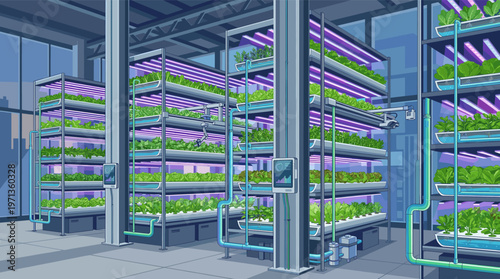 Illustration of a modern vertical farm. Automated hydroponic systems grow fresh greens under LED lights. Concept for agritech, sustainability, and the future of food.