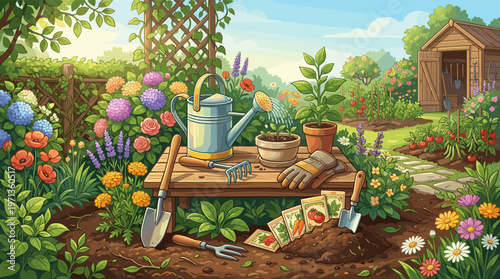 A colorful cartoon illustration of a lush backyard garden on a sunny day. Features gardening tools, a watering can, flowers, and vegetables. Ideal for spring or summer themes.