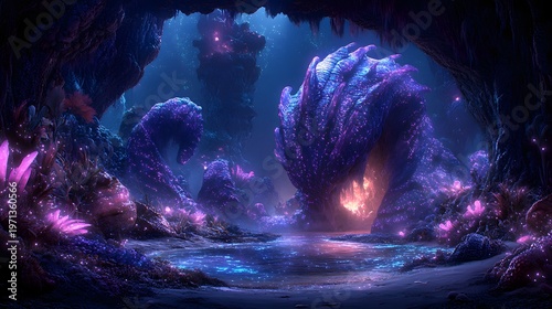 Bioluminescent creatures dwell within a mysterious cavern filled with glowing purple flora and mystical light.
