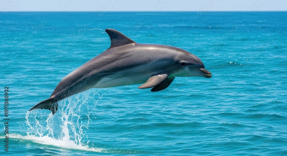 Fototapeta premium Sleek Bottlenose Dolphin Gracefully Leaping From Vibrant Blue Ocean Surface