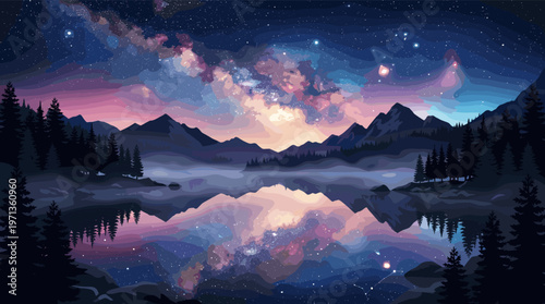 A magical vector illustration of the Milky Way over a mountain lake. Perfect for backgrounds, posters, or projects needing a serene, cosmic, and dreamy nature scene.