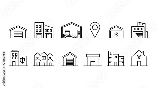 Collection of diverse icons depicting various buildings and transportation symbols Vector