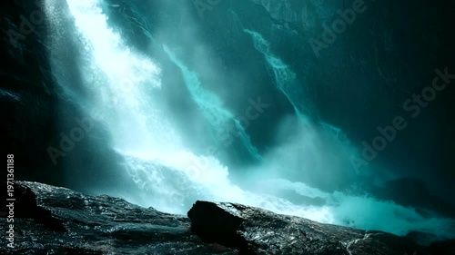 Majestic waterfall cascading over rocky cliffs at dawn