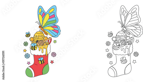 Christmas Stocking with Honey Bees and Butterfly Coloring Page Illustration for Kids Festive Educational Activity