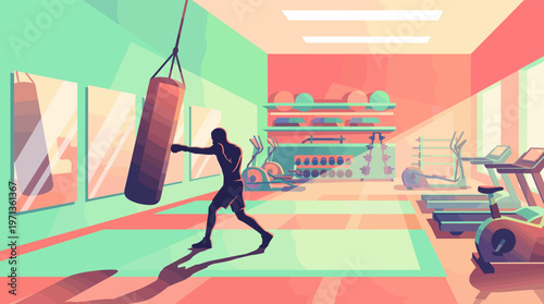Vector illustration of a boxer's silhouette hitting a punching bag in a gym. A focused, energetic mood for fitness, wellness, and motivational concepts.
