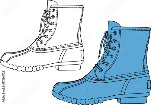 Pair of blue rubber boots outline and filled version for winter or rain.