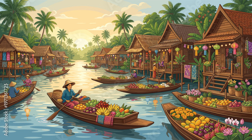A vibrant illustration of a traditional Southeast Asian floating market at sunrise. Boats filled with fruits and flowers navigate a river lined with stilt houses. Ideal for travel and culture.
