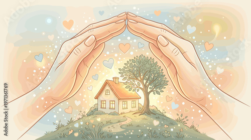 A tender illustration of hands protecting a home. Symbolizes love, security, family, and insurance. Perfect for real estate, charity, and concepts of care and safety.
