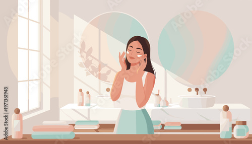 Vector illustration of a woman applying face cream. Concept for beauty, skincare, self-care, wellness, and morning routine. Serene, gentle mood in pastel colors.