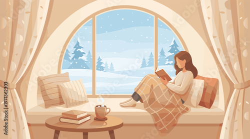 A woman reads a book while relaxing on a cozy window seat with a hot drink. A snowy winter landscape is outside. Perfect for hygge, self-care, and seasonal concepts.