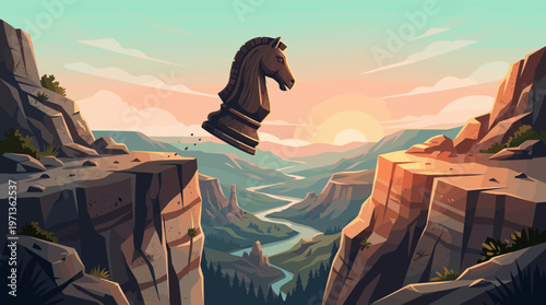 A chess knight makes a bold leap across a canyon at sunrise. A concept for strategy, risk, and overcoming challenges. Vector illustration.