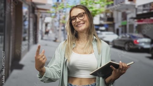 Woman holding a book and pointing to her chest while smiling and showing bare midriff on a busy city street with parked cars and storefronts; learning joy.