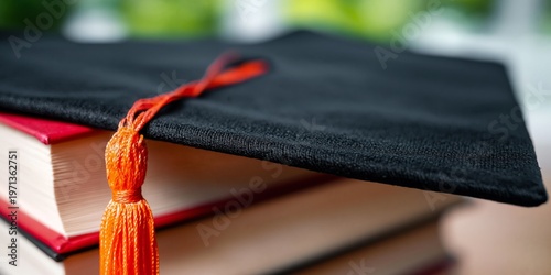 Graduation Cap on Stacked Books in a Bright Room