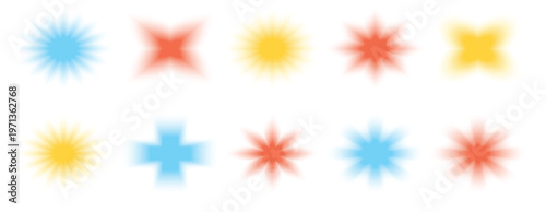 Blurred abstract retro shapes, frames and symbols, basic brutal forms and figures in Y2K aesthetics, vintage stickers, logos, labels. Decorative design elements, vector illustration.