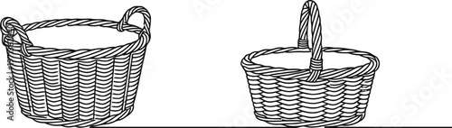 Wicker Basket Line Art Vector Set Featuring Hand-Drawn Traditional Weaved Picnic