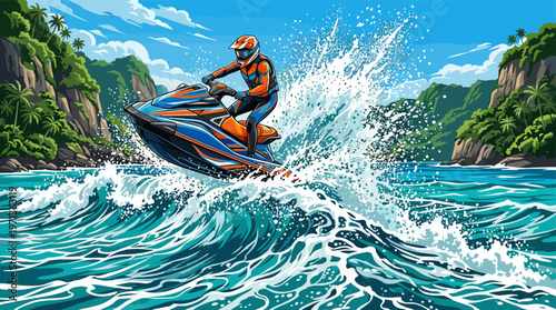 Dynamic illustration of a rider on a jet ski jumping a wave. Energetic summer scene with tropical islands. Perfect for adventure, travel, and extreme sports concepts.