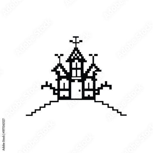 Spooky black and white haunted house illustration on a hill