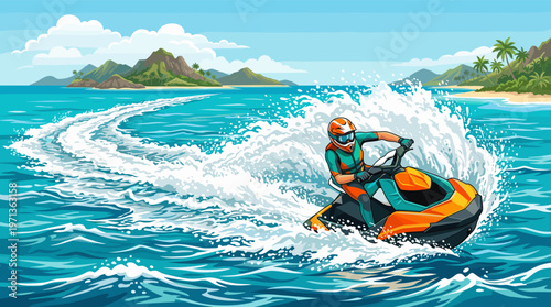 Dynamic vector illustration of a man riding a jet ski on a tropical sea. Perfect for summer vacation, watersports, and adventure travel concepts.
