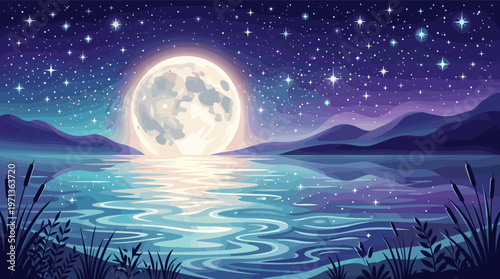 A tranquil vector illustration of a large full moon over a lake. The starry night sky and moon reflection create a magical, serene, and dreamy atmosphere. Perfect for backgrounds.