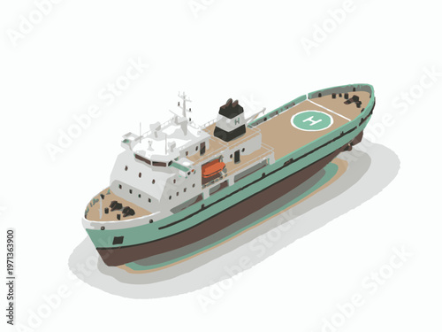 3D research vessel ship with helipad isolated on white background