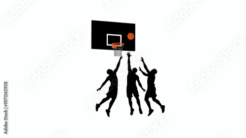 Basketball players silhouette jumping for hoop on white background