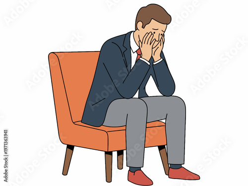 Businessman Sitting on Armchair Covering Face in Grief and Stress