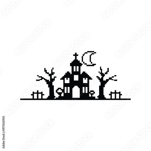 Black and white haunted house illustration on a hill