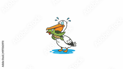 Pelican bird holding turtle in beak cartoon vector illustration