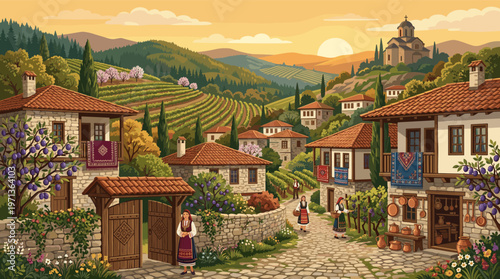 Vector illustration of a traditional Bulgarian village at sunset. Shows people in folk costumes, stone houses, vineyards, and a church. Ideal for travel, culture, or wine themes.