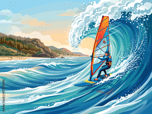 Dynamic vector illustration of a windsurfer riding a giant ocean wave. Energetic scene perfect for travel, sports, and lifestyle concepts. Coastal background with mountains.