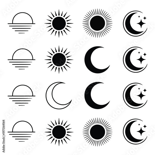 Repeating sun and moon icons with stars symbolizing day and night celestial bodies