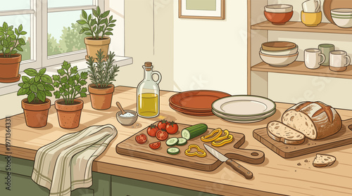 A cozy, illustrated kitchen scene with fresh vegetables, bread, and olive oil. Perfect for food blogs, healthy eating concepts, and wholesome lifestyle content.