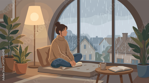 A woman in a cozy sweater relaxes by a window, watching rain. A warm interior with coffee and a book creates a peaceful, hygge atmosphere for self-care and mental wellbeing.