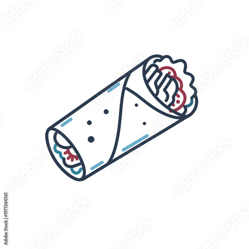 Vector of a neatly wrapped burrito in a white tortilla with colorful fillings