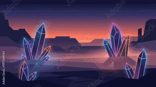 Mystical alien landscape with glowing neon crystals at sunset. A fantastic vector background for video games, science fiction concepts, or book covers. Flat illustration style.