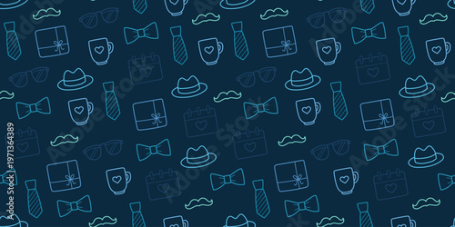 Father’s Day Seamless Pattern with Line Icons – Tie, Hat, Mug, Gift, Mustache on Dark Background