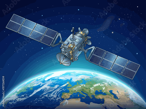 Illustration of a detailed satellite with solar panels orbiting planet Earth. Concept for technology, global communication, data, network, and space exploration.