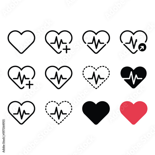 Variety of heart and pulse rate symbols for healthcare and wellness apps