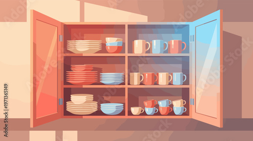 A warm, flat illustration of an open kitchen cupboard. Neatly stacked colorful plates, bowls, and mugs create a cozy, organized feeling. Perfect for home decor or lifestyle concepts.
