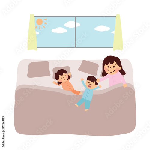 朝に子供たちを起こす母親