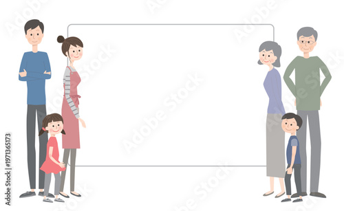 大きなモニターを見ている三世代家族