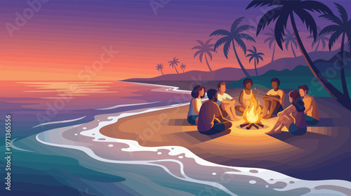 A diverse group of friends sit around a warm campfire on a sandy tropical beach, enjoying the beautiful sunset over the ocean. Vector illustration for travel and leisure concepts.