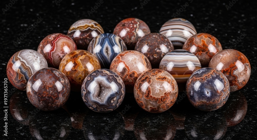 Obraz premium Array of polished spherical agate gemstones showcasing intricate natural patterns and earthy colors