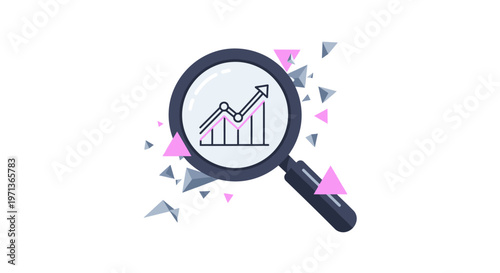 Magnifying glass analyzing upward trending business graph with geometric shapes