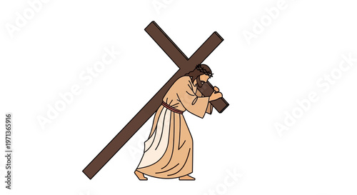 Jesus Christ carrying large wooden cross.
