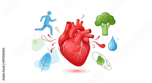 Heart with healthy lifestyle symbols around.