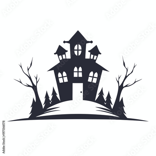 Two outline solid haunted houses on a hill illustration