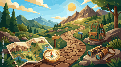 An inspiring illustration of a mountain hiking path with a map, compass, and backpack. Perfect for travel, adventure, tourism, and journey concepts.