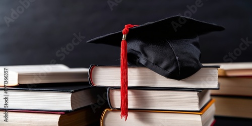 Graduation Cap Sits on a Stack of Books at a Desk During Daylight